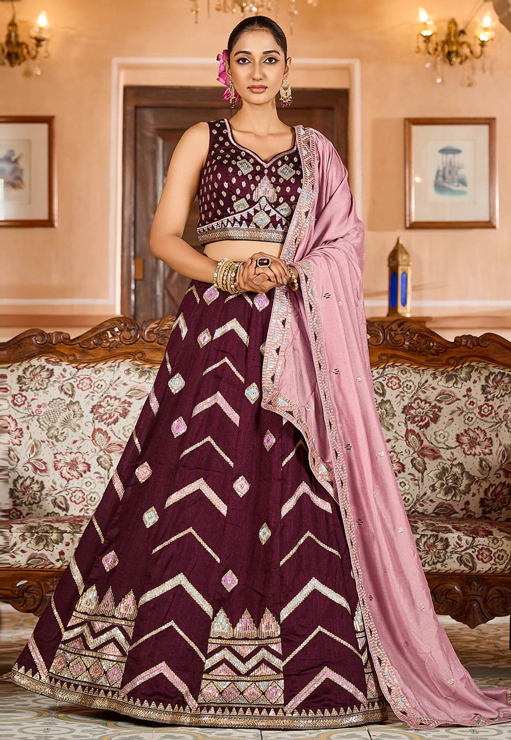 Wine Silk Circular Lehenga Choli 319402