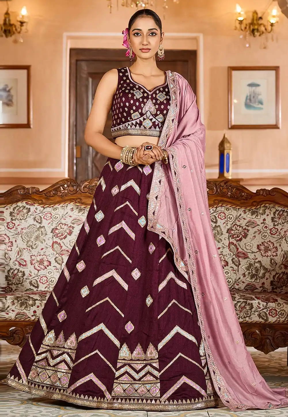 Wine Silk Circular Lehenga Choli 319402