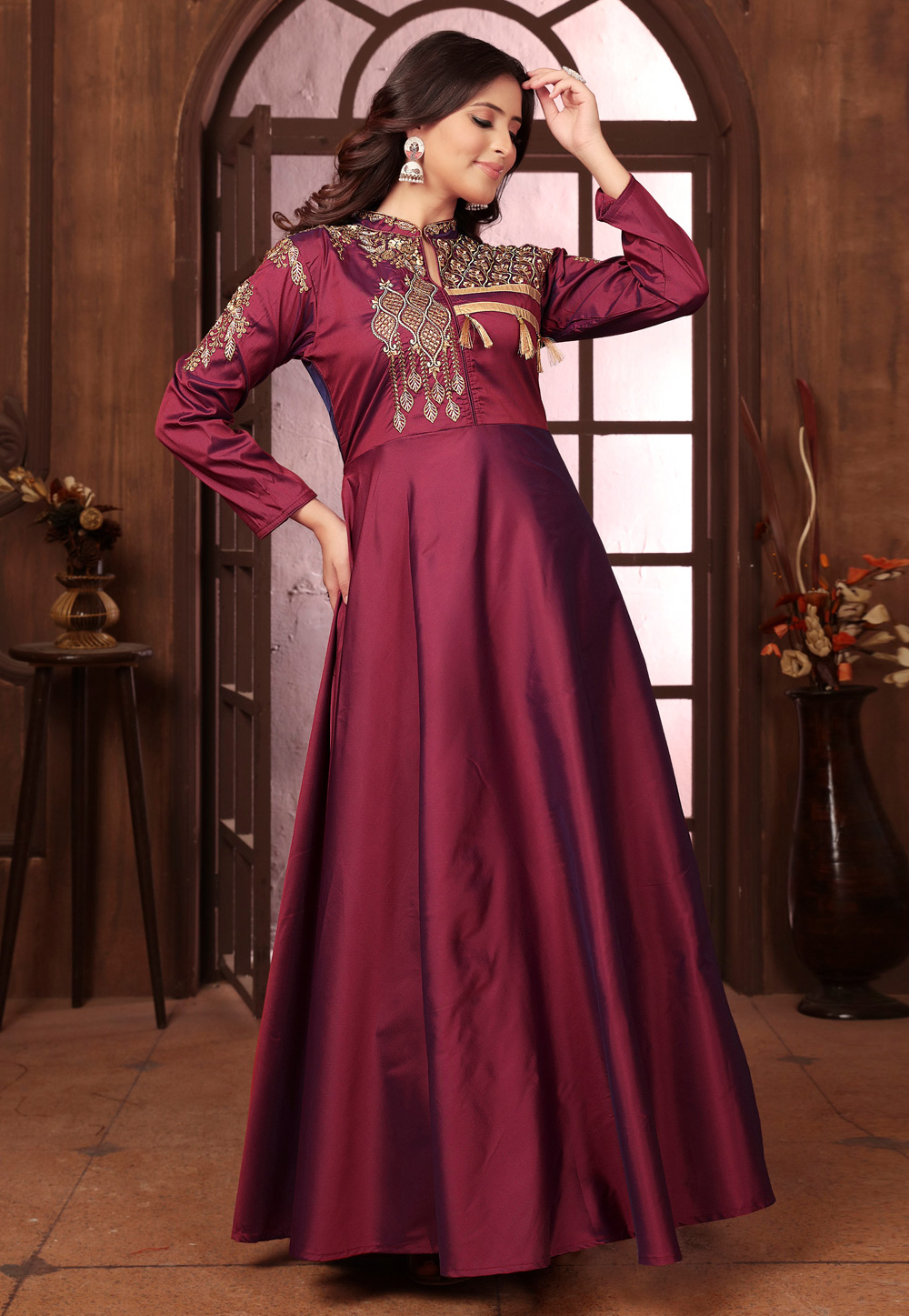 Wine Silk Designer Gown 320348