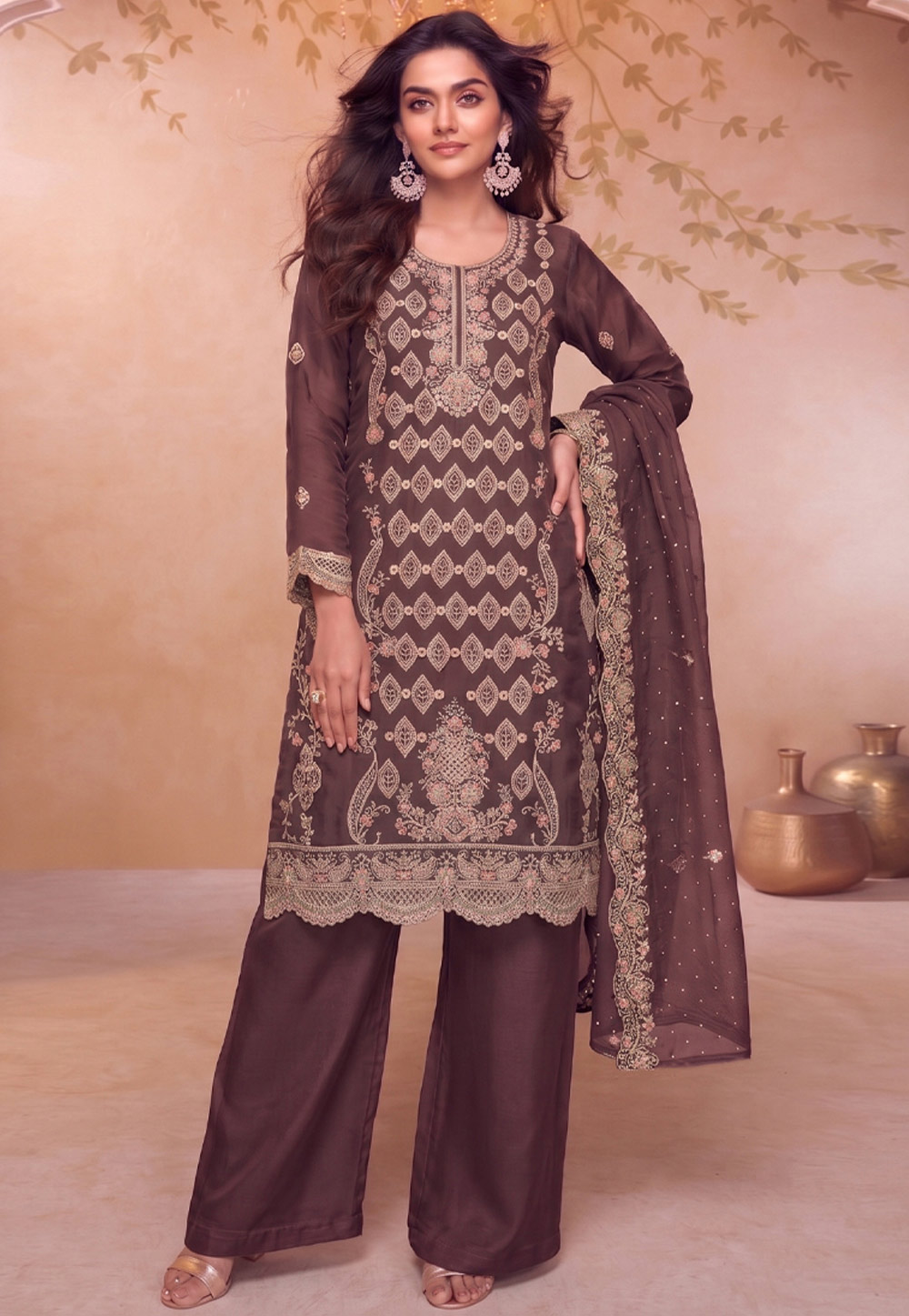 Wine Silk Embroidered Palazzo Suit 329737