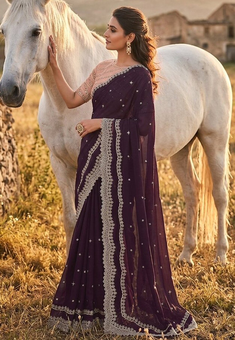 Wine Silk Georgette Saree With Blouse 327781