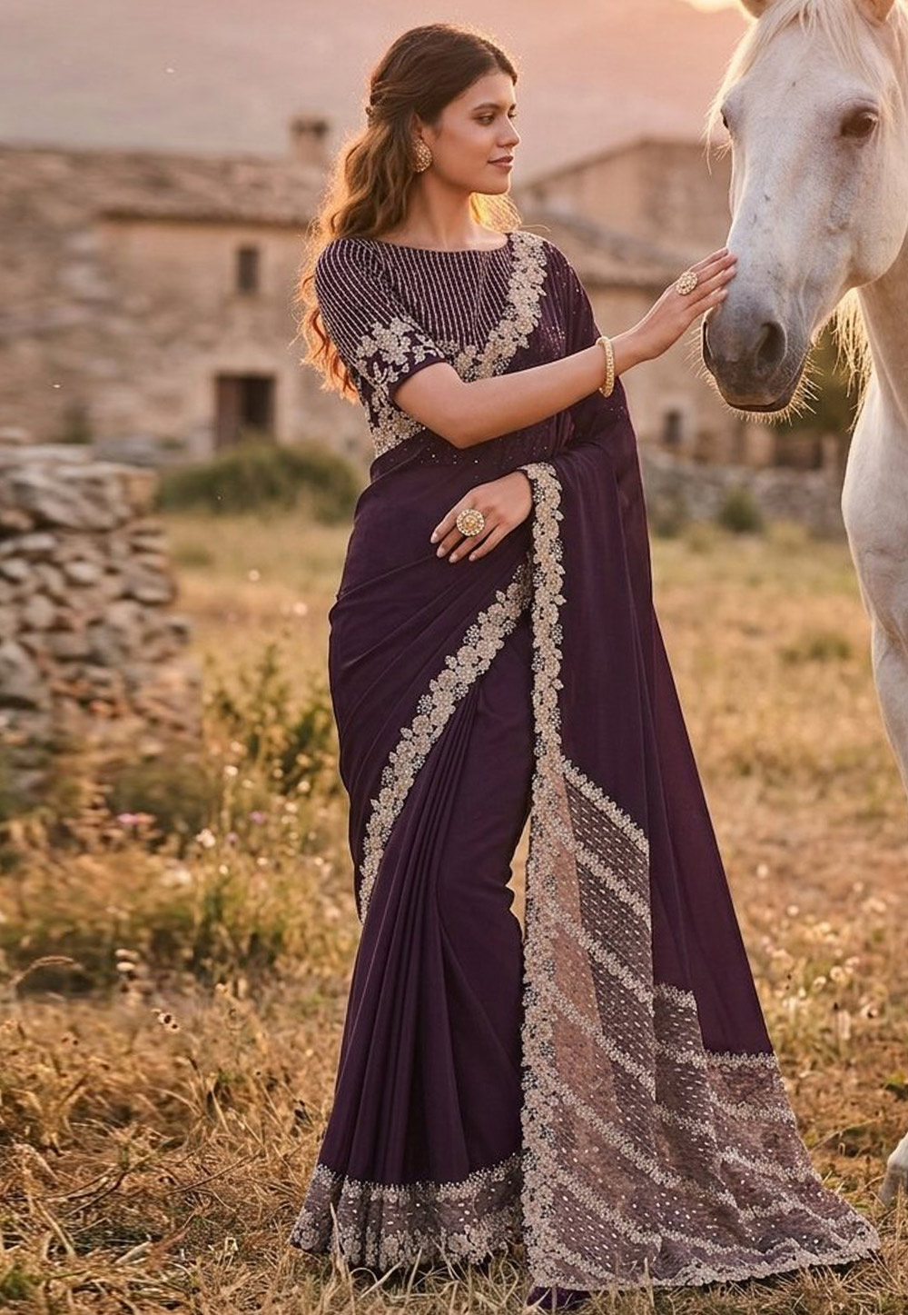 Wine Silk Georgette Saree With Blouse 327782