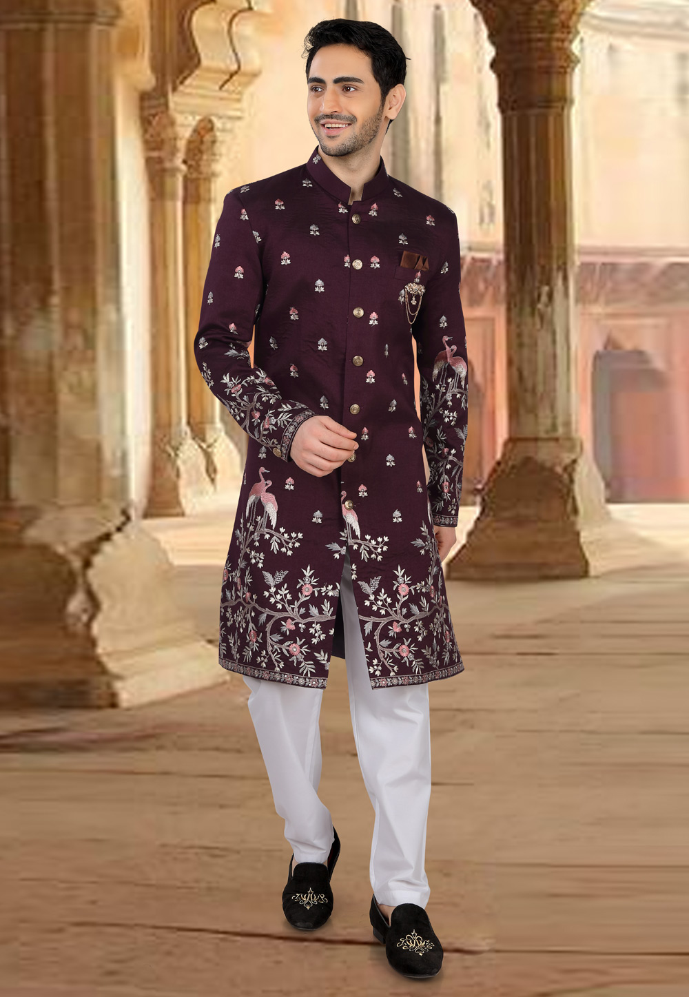 Wine Silk Indo Western Sherwani 309089