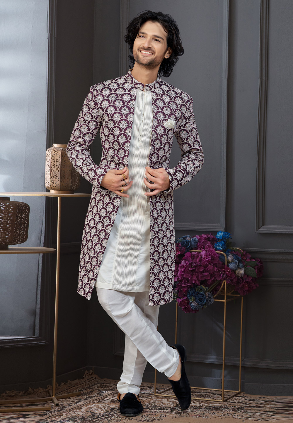 Wine Silk Indo Western Suit 322896