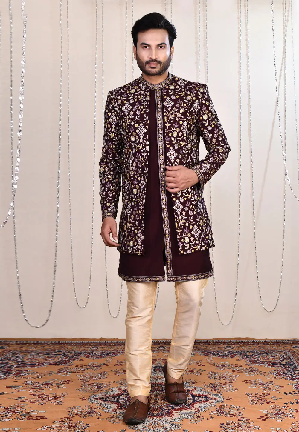 Wine Silk Indo Western Suit 335268