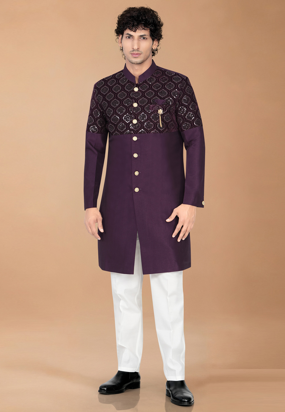 Wine Silk Indo Western Suit 329882