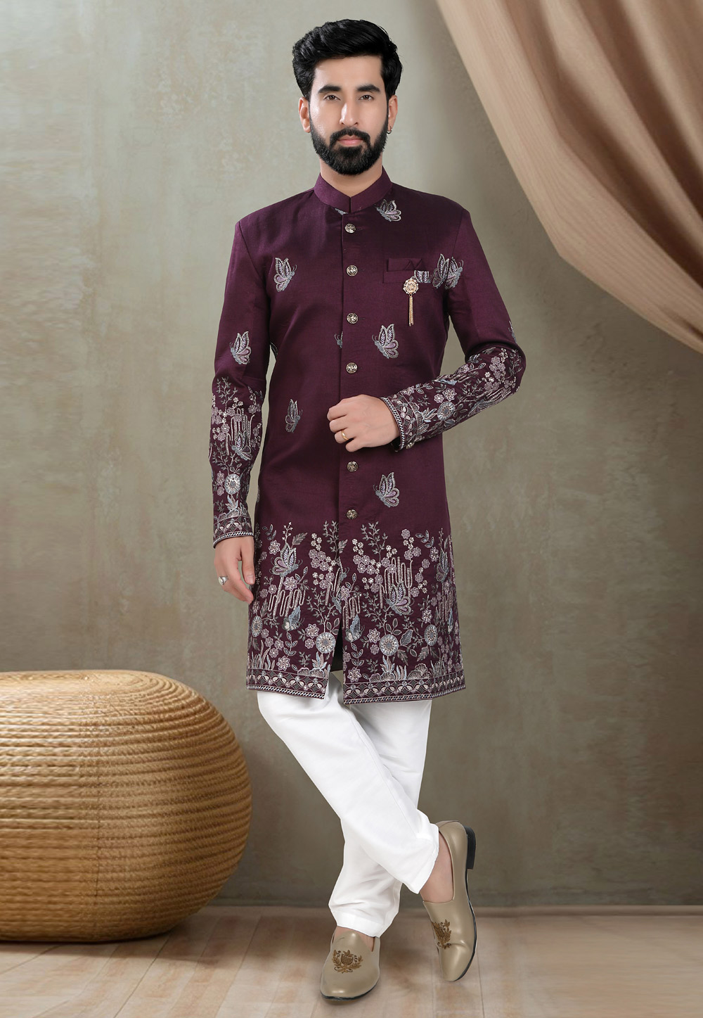 Wine Silk Indo Western Suit 311721