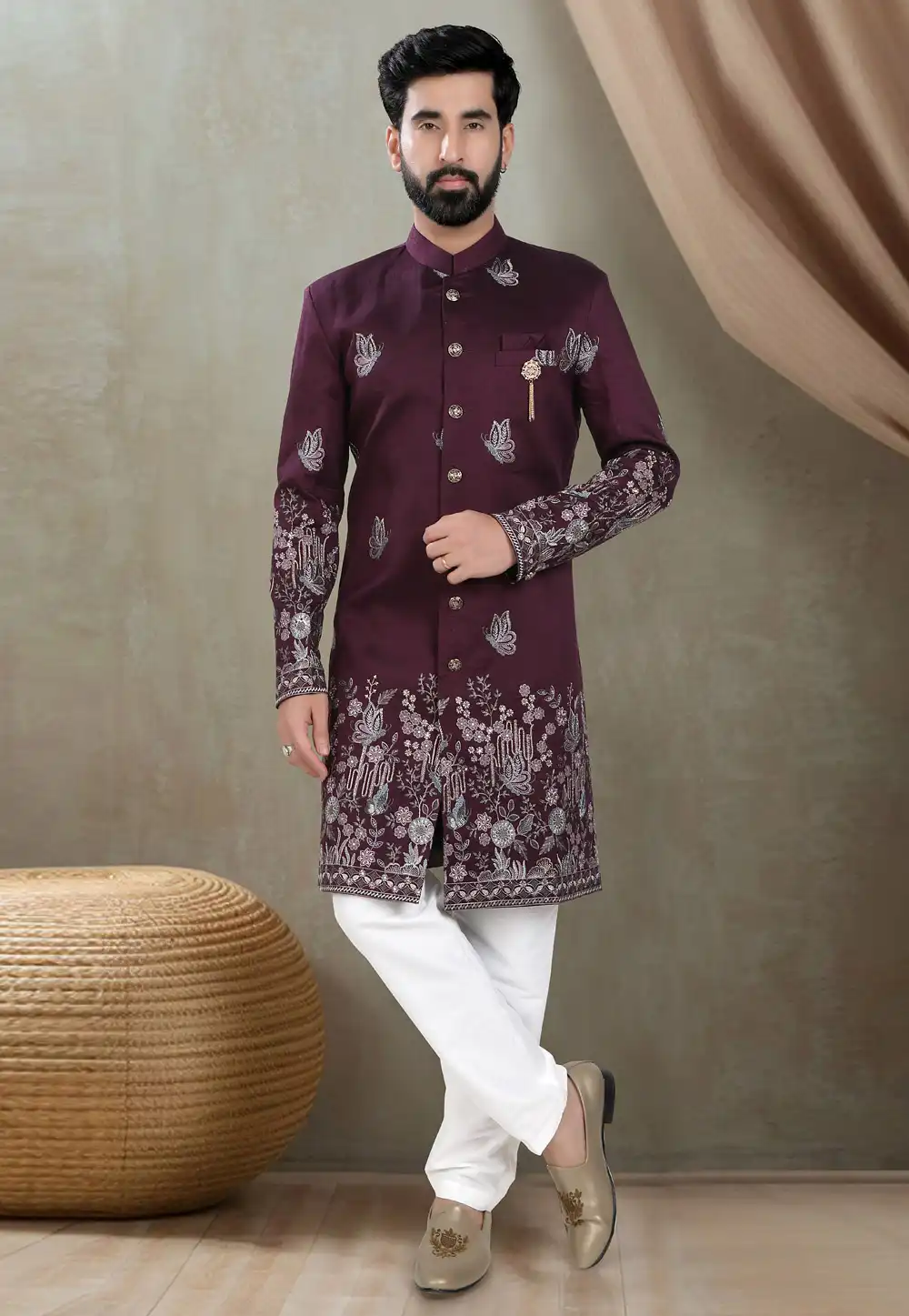 Wine Silk Indo Western Suit 311721