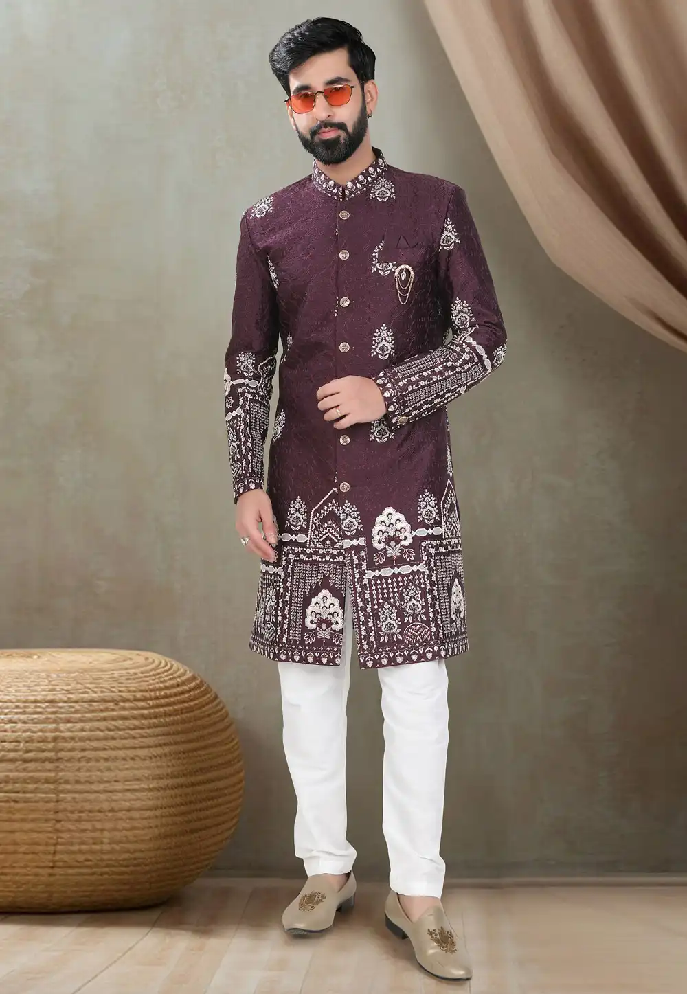 Wine Silk Indo Western Suit 311746