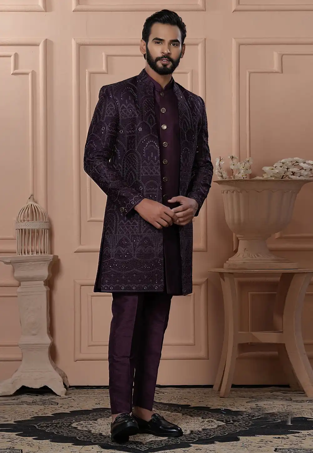 Wine Silk Jacket Style Sherwani 315040