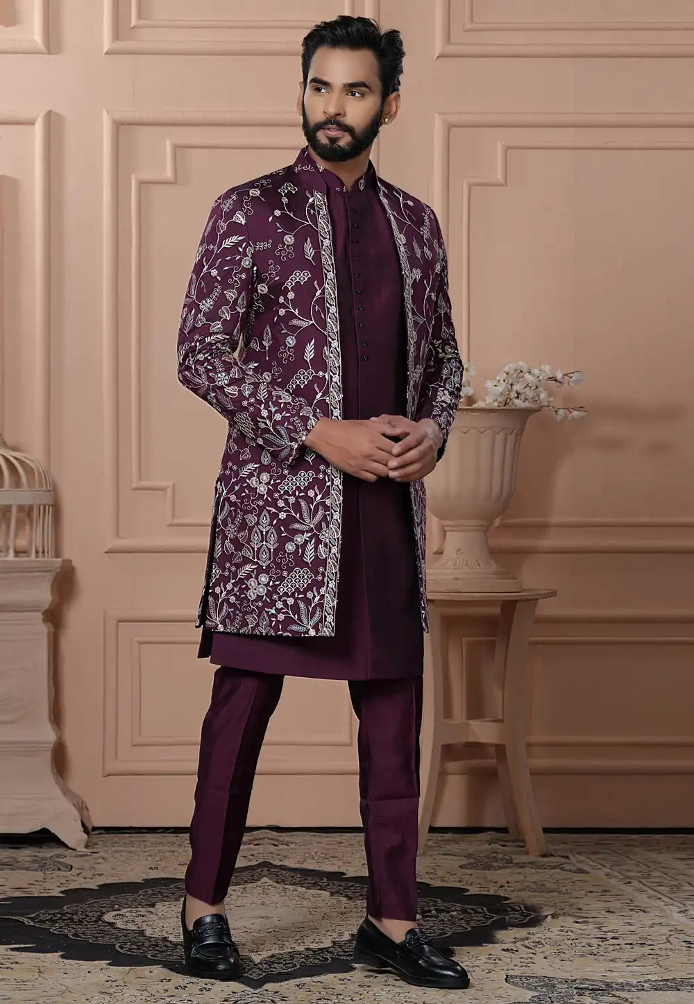 Wine Silk Jacket Style Sherwani 315072