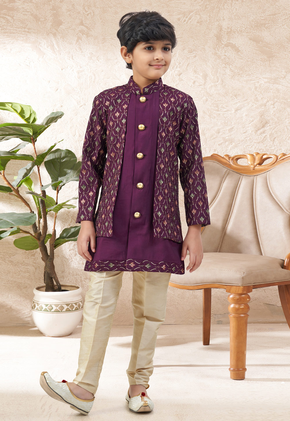 Wine Silk Kids Indo Western Suit 324253