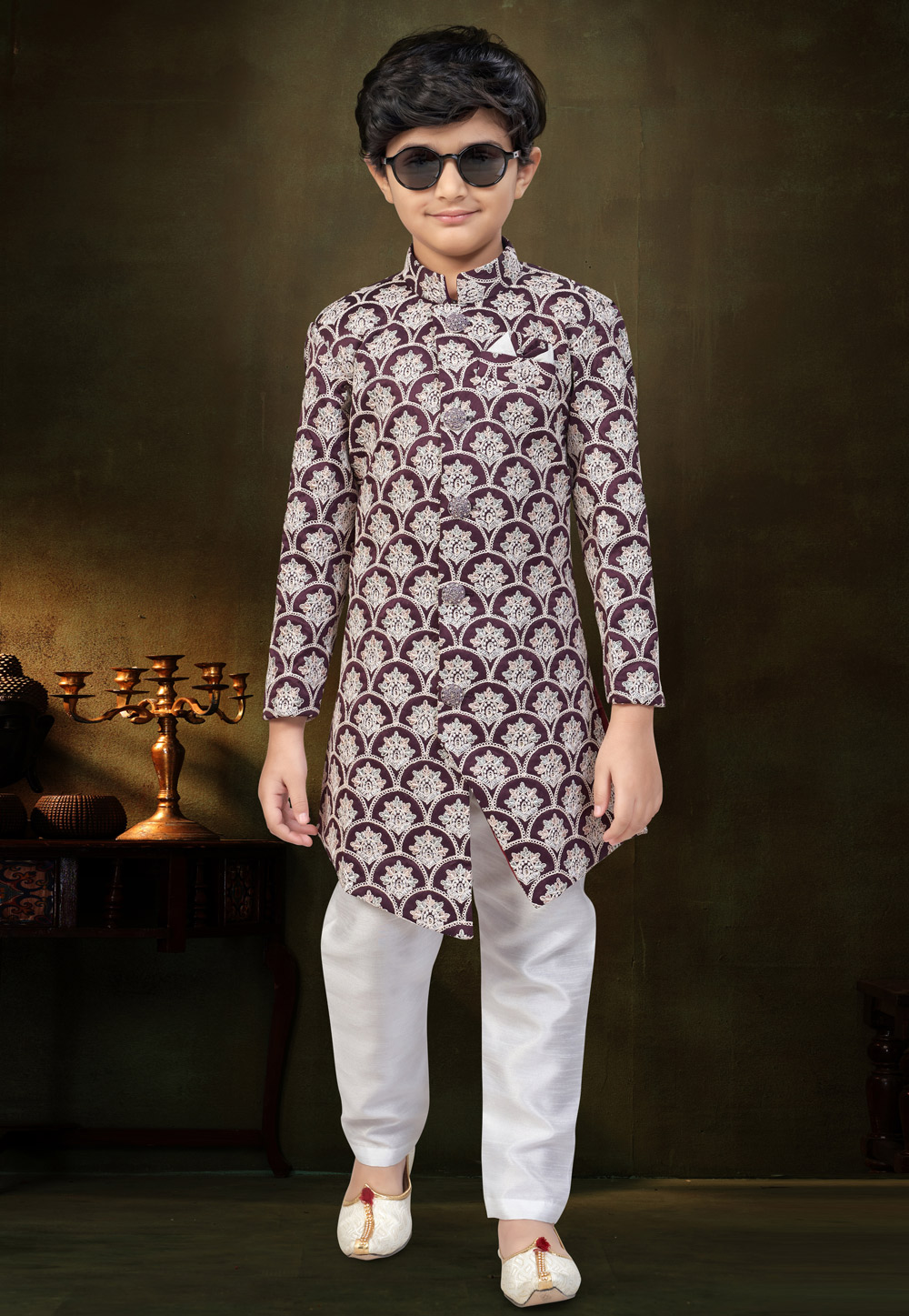 Wine Silk Kids Indo Western Suit 328698