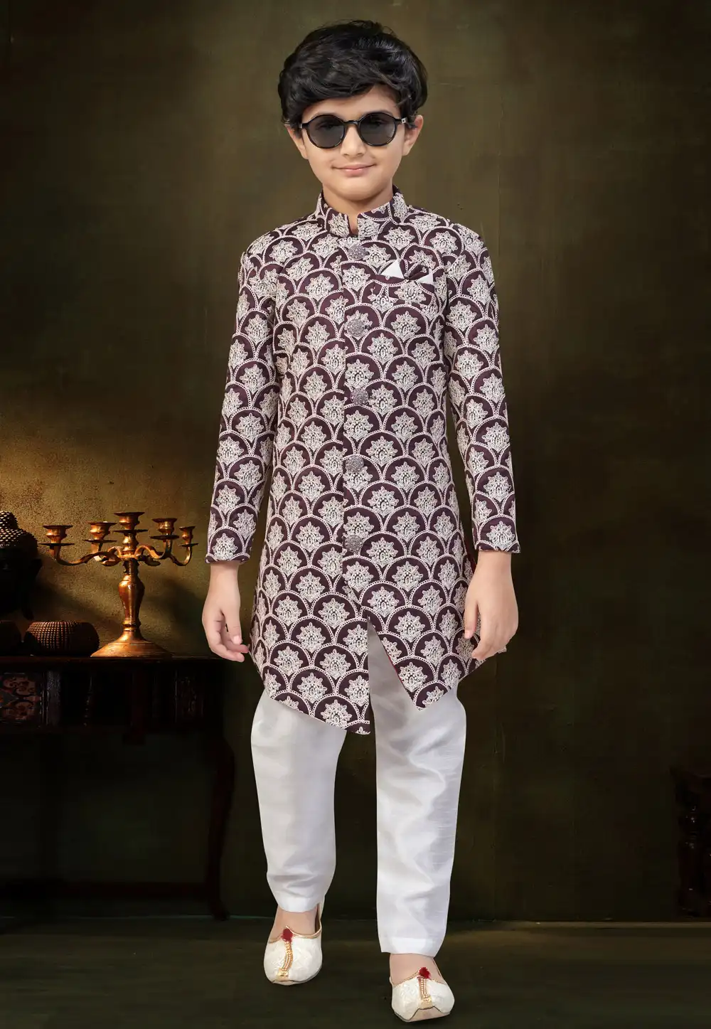 Wine Silk Kids Indo Western Suit 328698