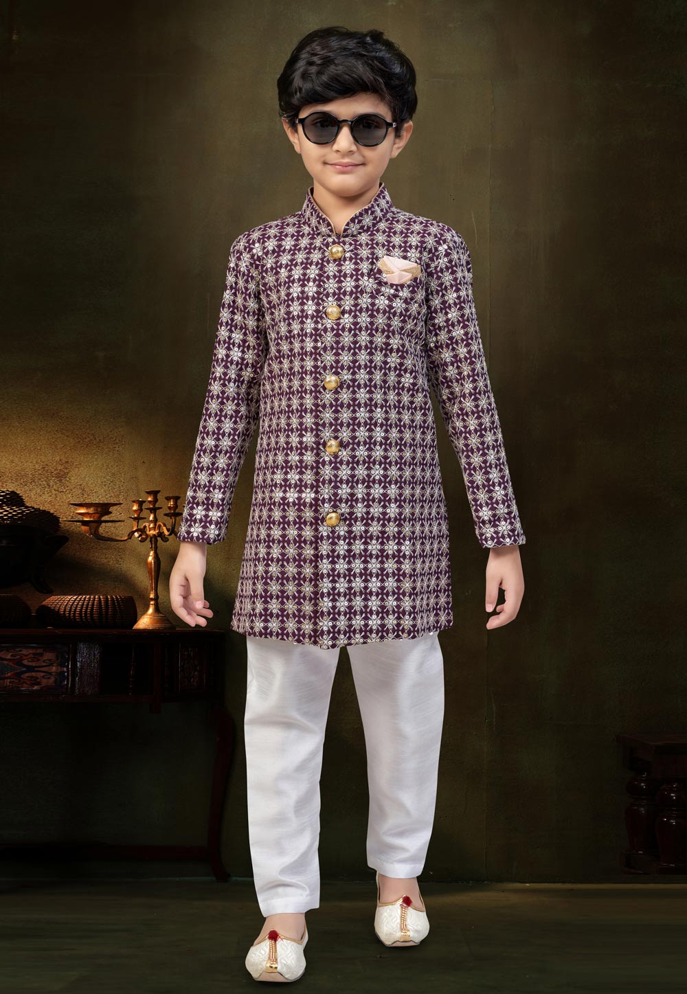 Wine Silk Kids Indo Western Suit 328703
