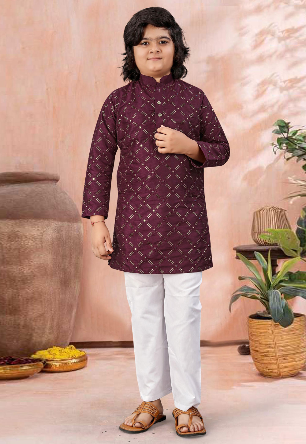 Wine Silk Kids Kurta Pajama 315706