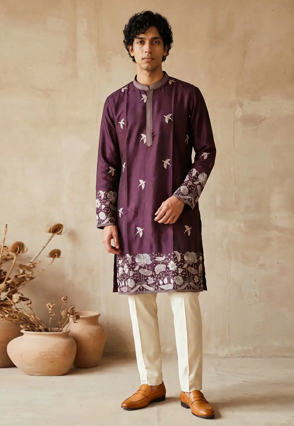 Wine Silk Kurta Pajama 336190
