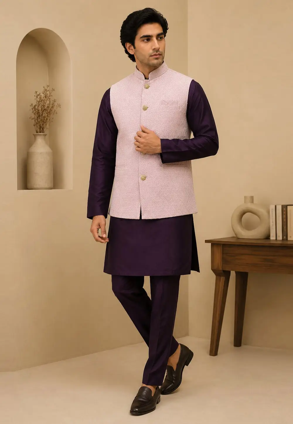 Wine Silk Kurta Pajama With Jacket 334309