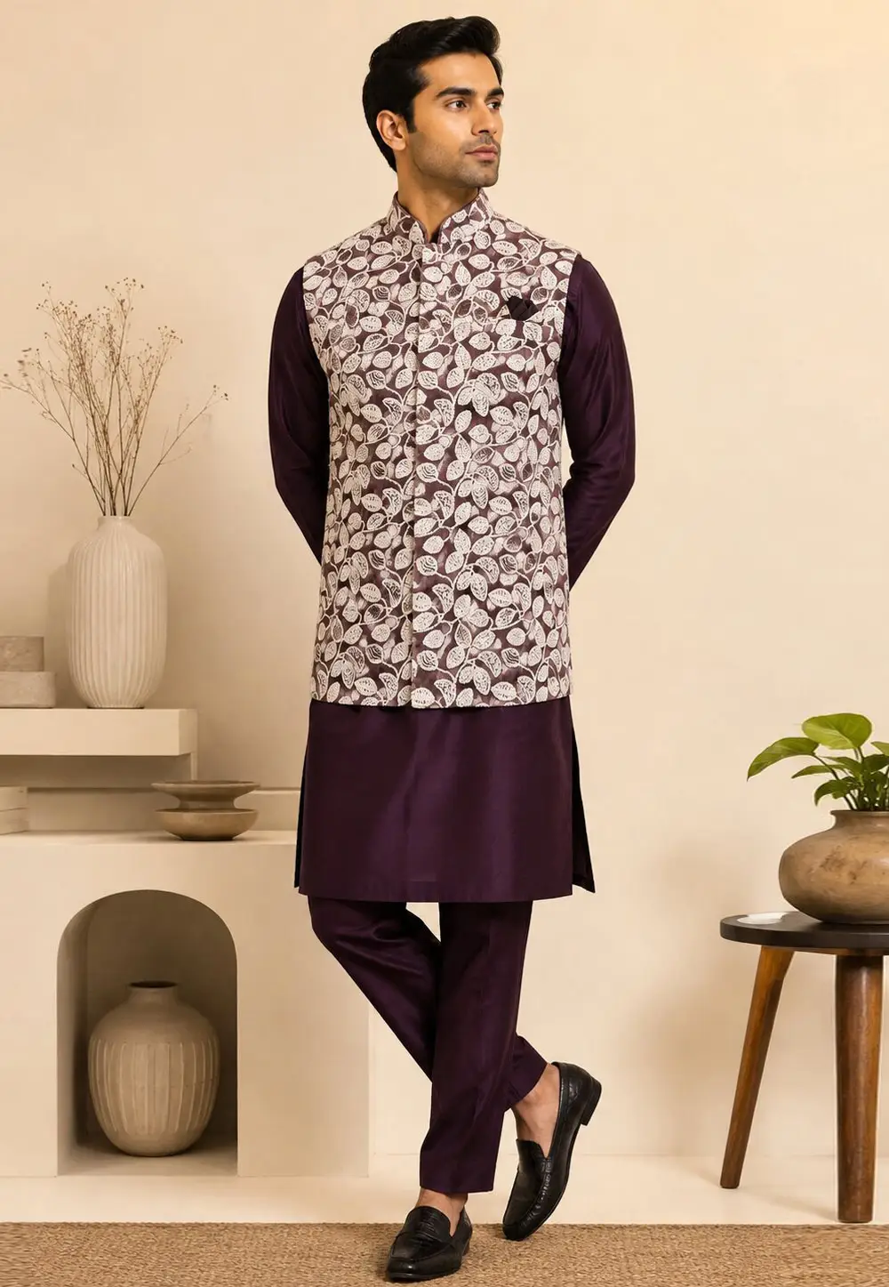 Wine Silk Kurta Pajama With Jacket 334317