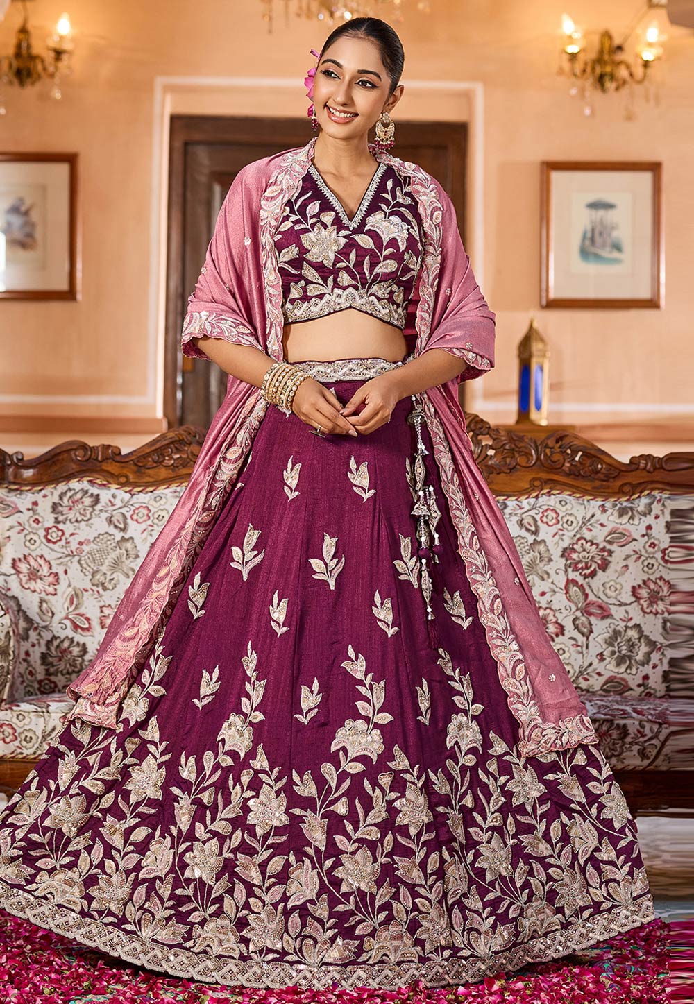 Wine Silk Lehenga Choli For Wedding 319403