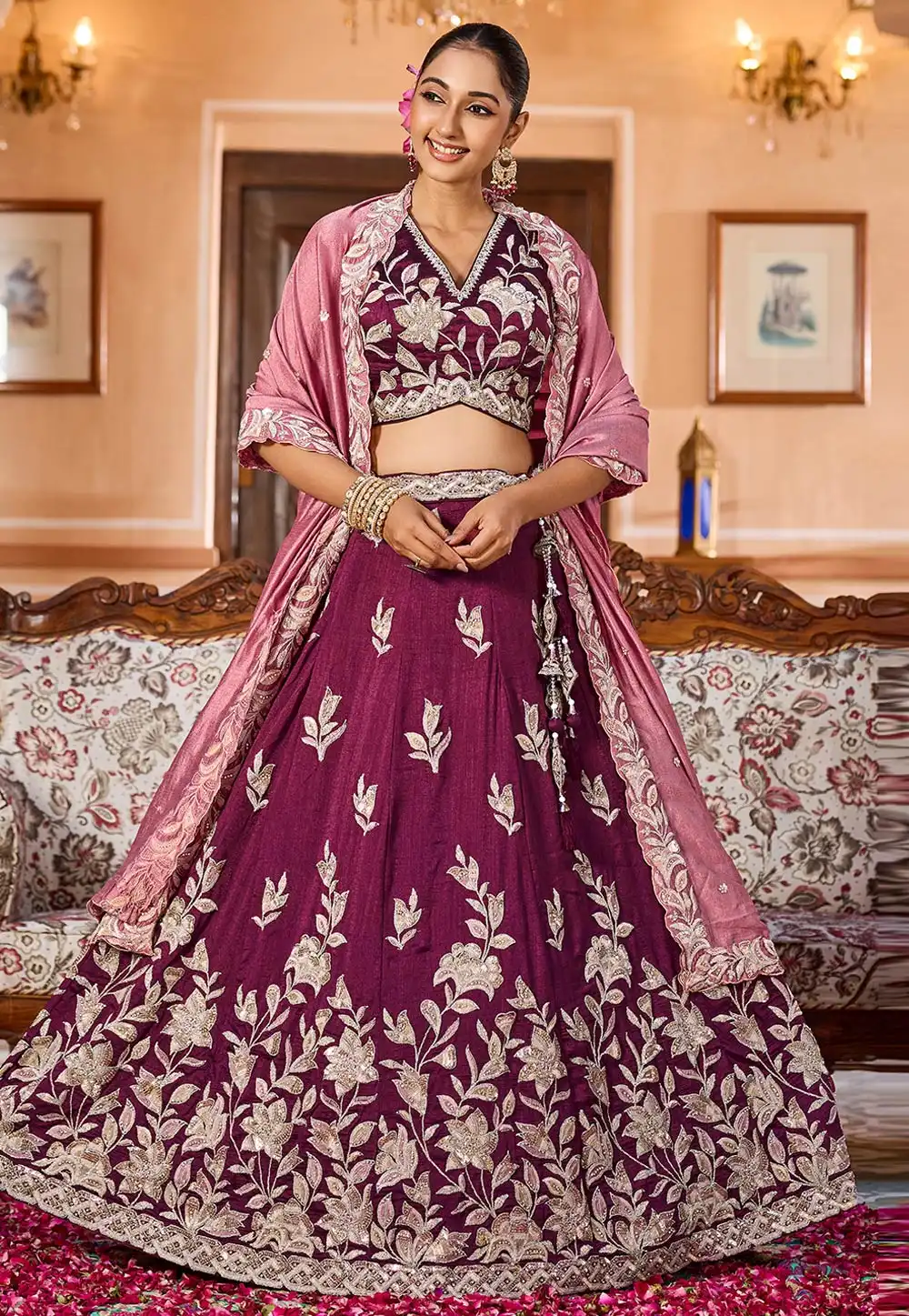 Wine Silk Lehenga Choli For Wedding 319403