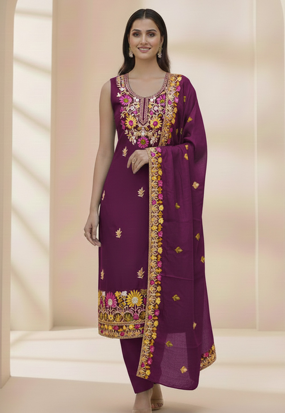 Wine Silk Pakistani Suit 322583