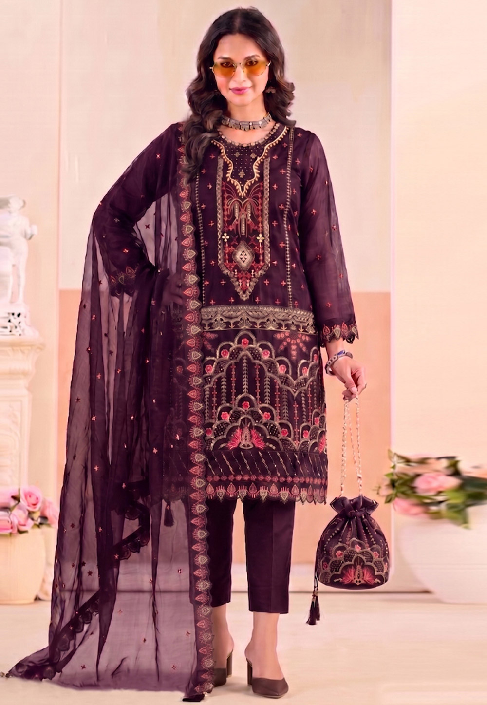 Wine Silk Pakistani Suit 329777