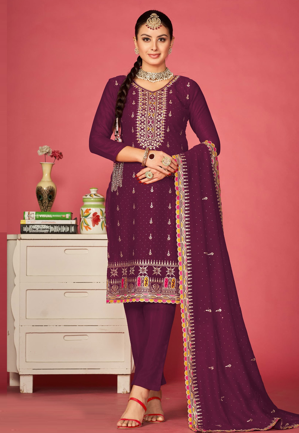 Wine Silk Pant Style Suit 283272