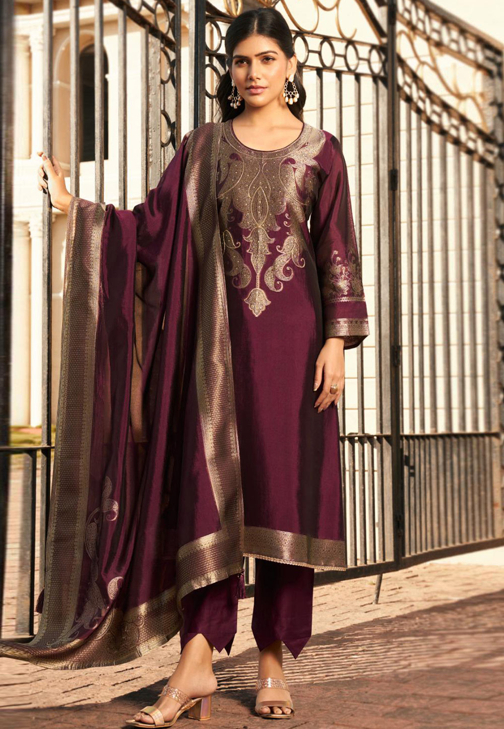 Wine Silk Pant Style Suit 309518