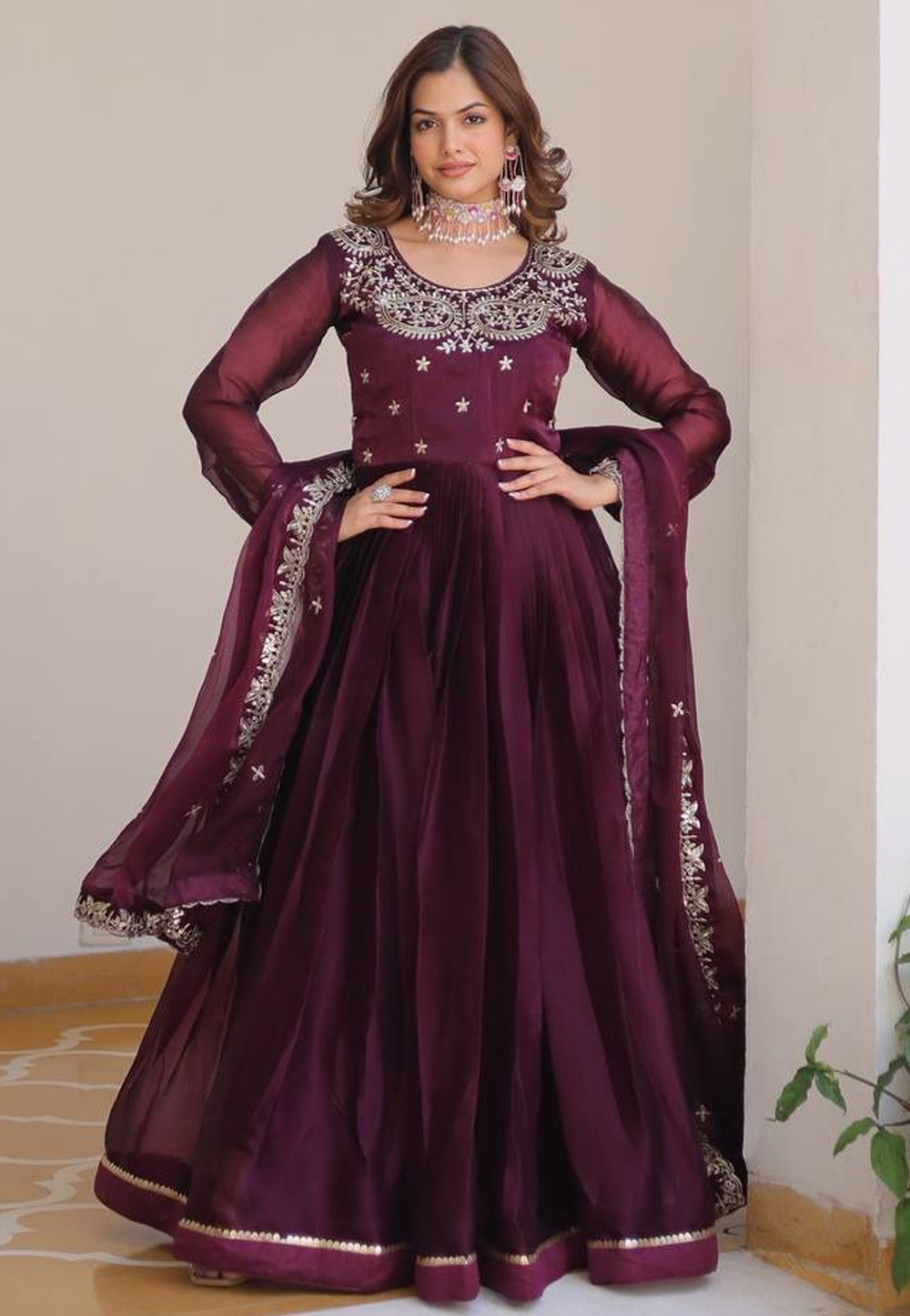 Wine Silk Readymade Anarkali Suit 307900