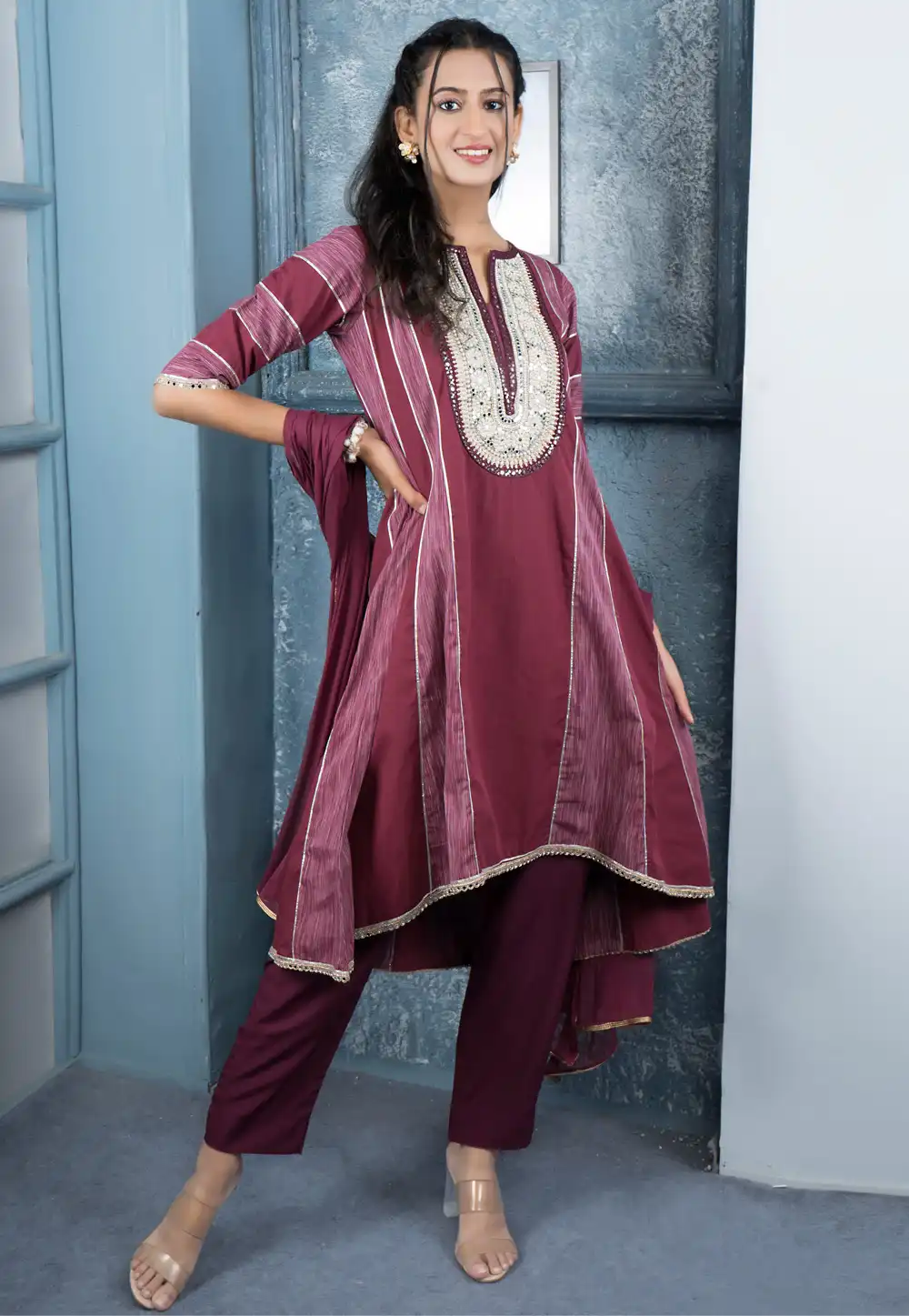 Wine Silk Readymade Anarkali Suit 316651