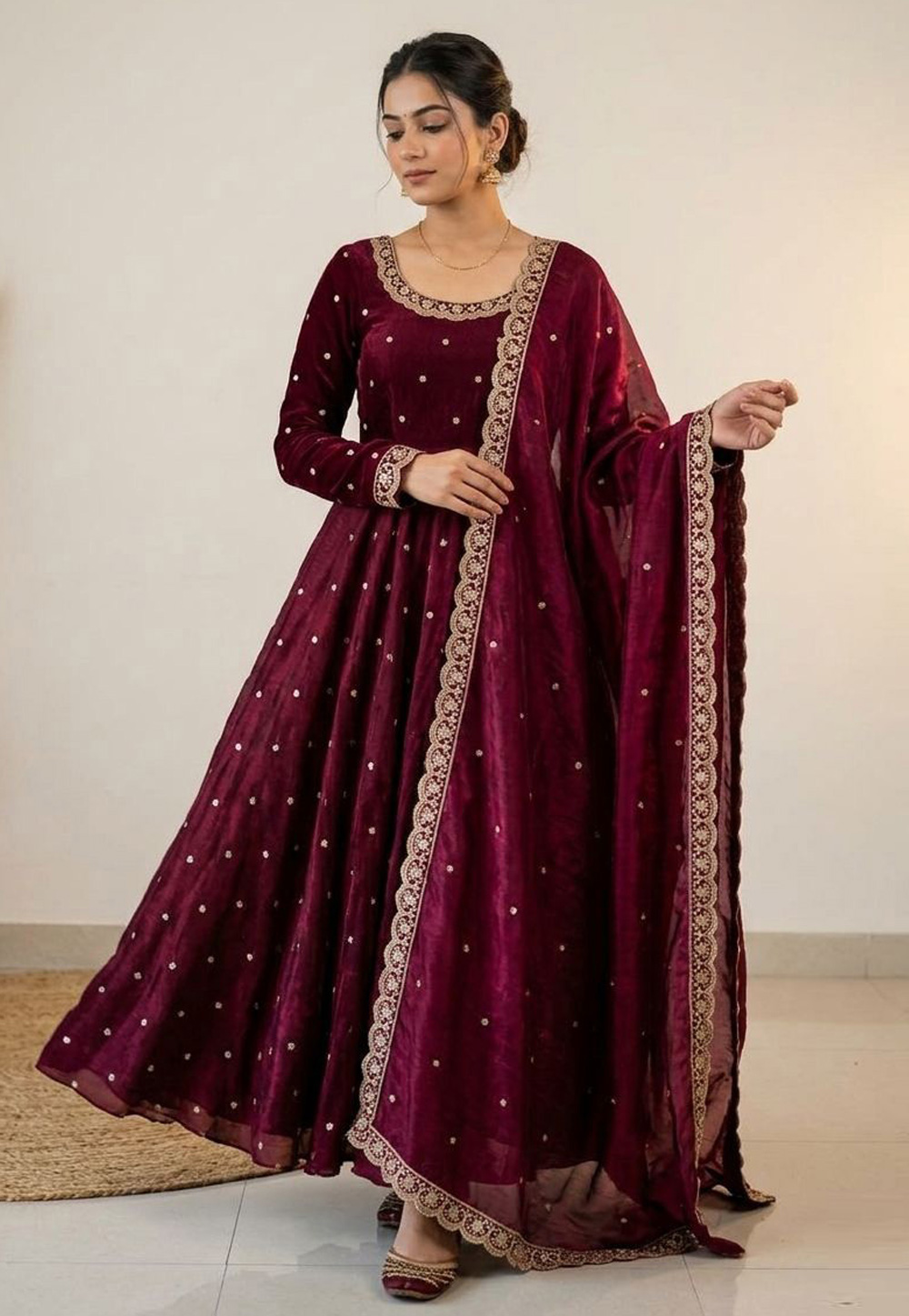 Wine Silk Readymade Anarkali Suit 329629