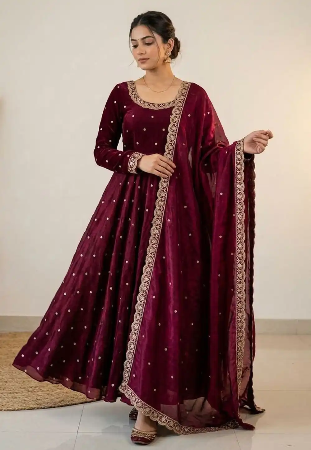 Wine Silk Readymade Anarkali Suit 329629