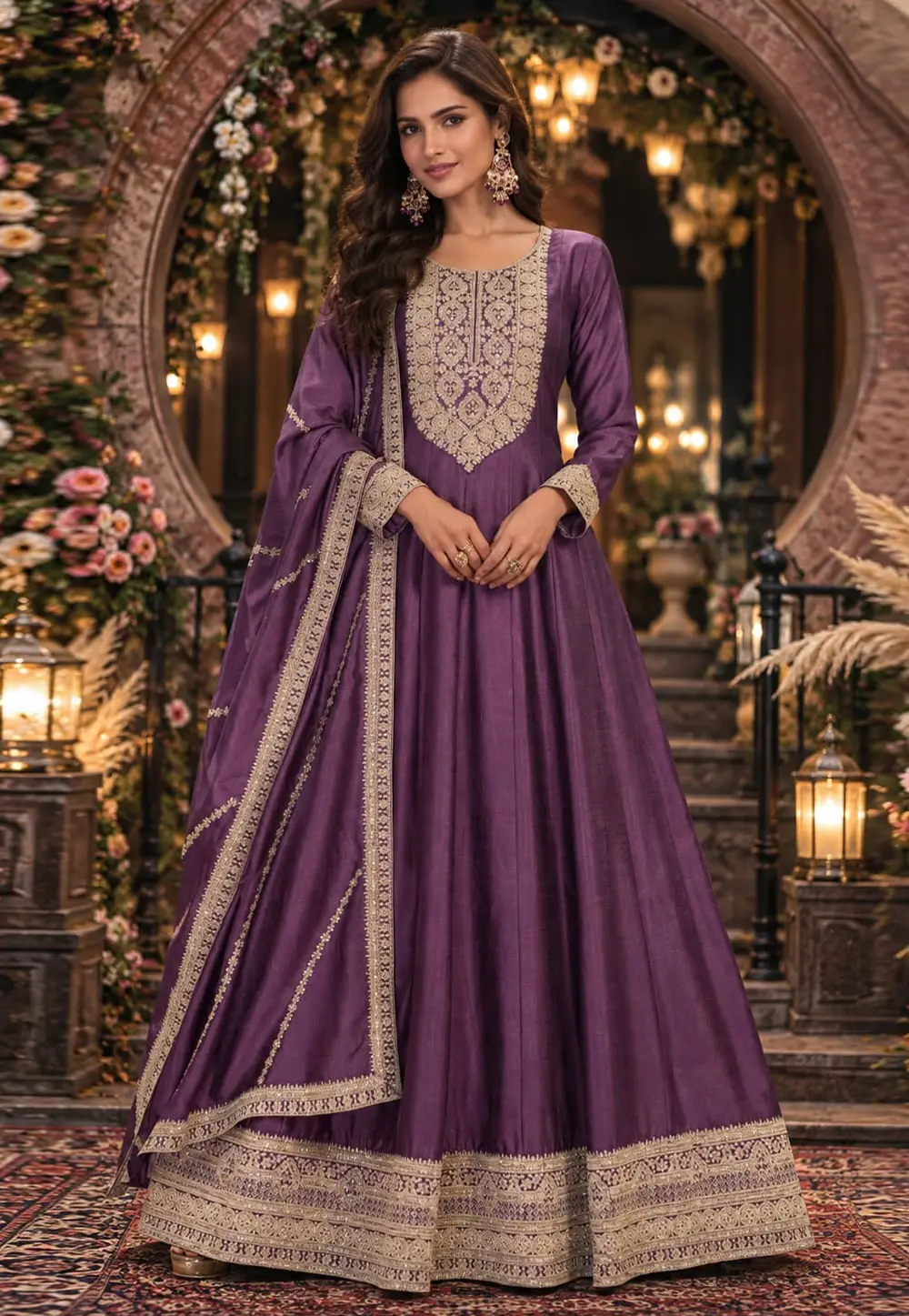 Wine Silk Readymade Anarkali Suit 335139