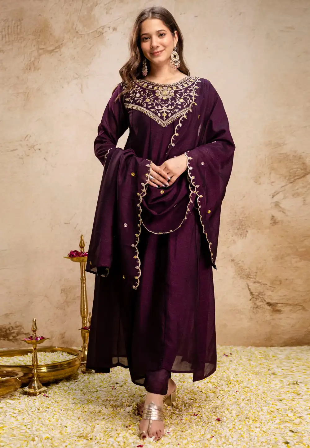 Wine Silk Readymade Anarkali Suit 327161