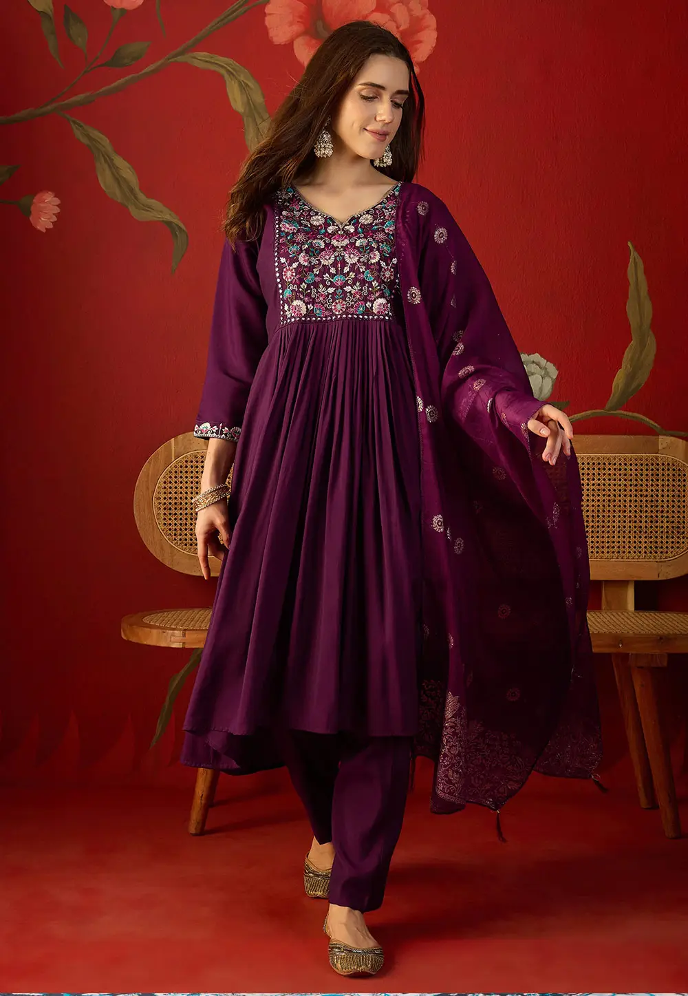 Wine Silk Readymade Anarkali Suit 332896