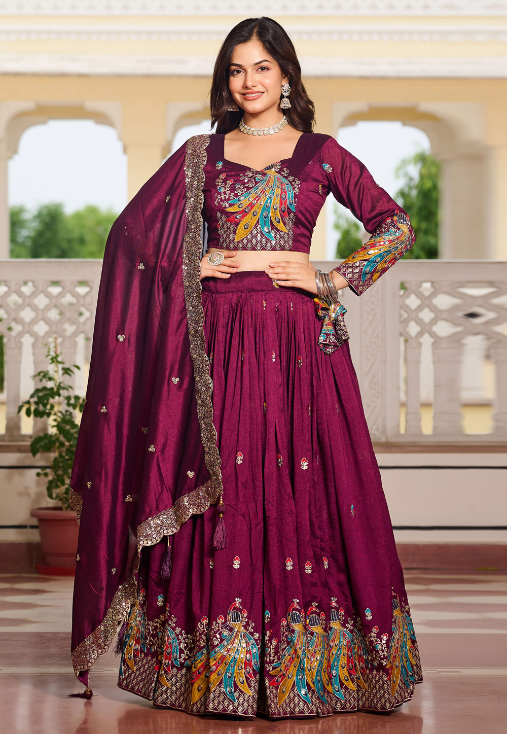 Wine Silk Readymade Circular Lehenga Choli 313313