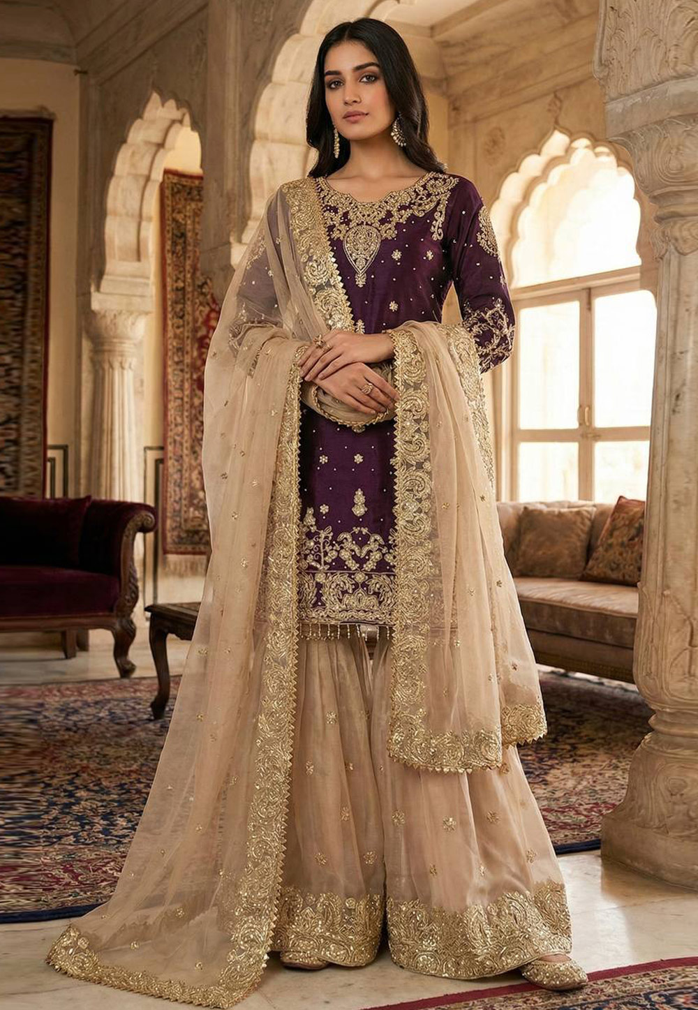 Wine Silk Readymade Gharara Suit 323903