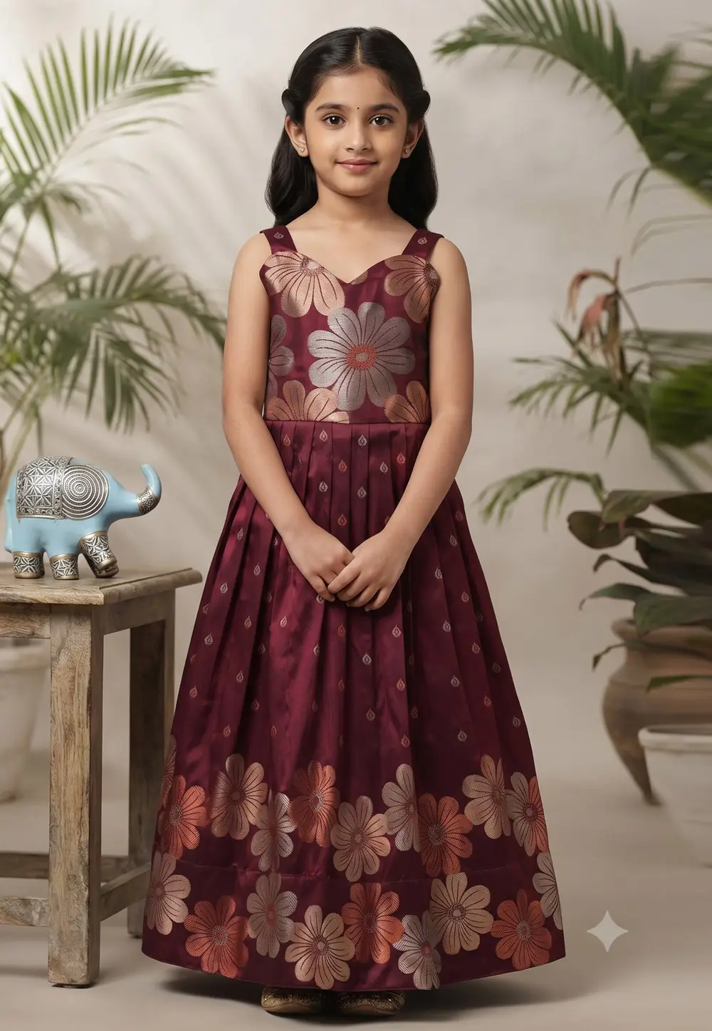 Wine Silk Readymade Girls Gown 336292