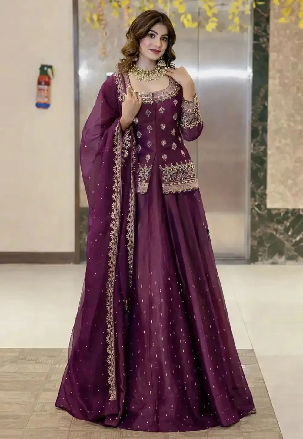Wine Silk Readymade Indo Western Lehenga Choli 329601