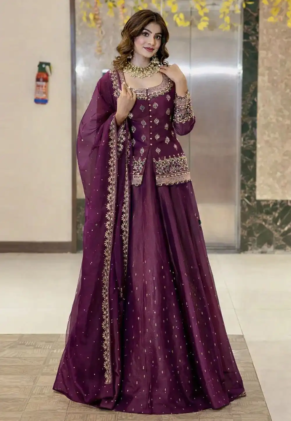 Wine Silk Readymade Indo Western Lehenga Choli 329601