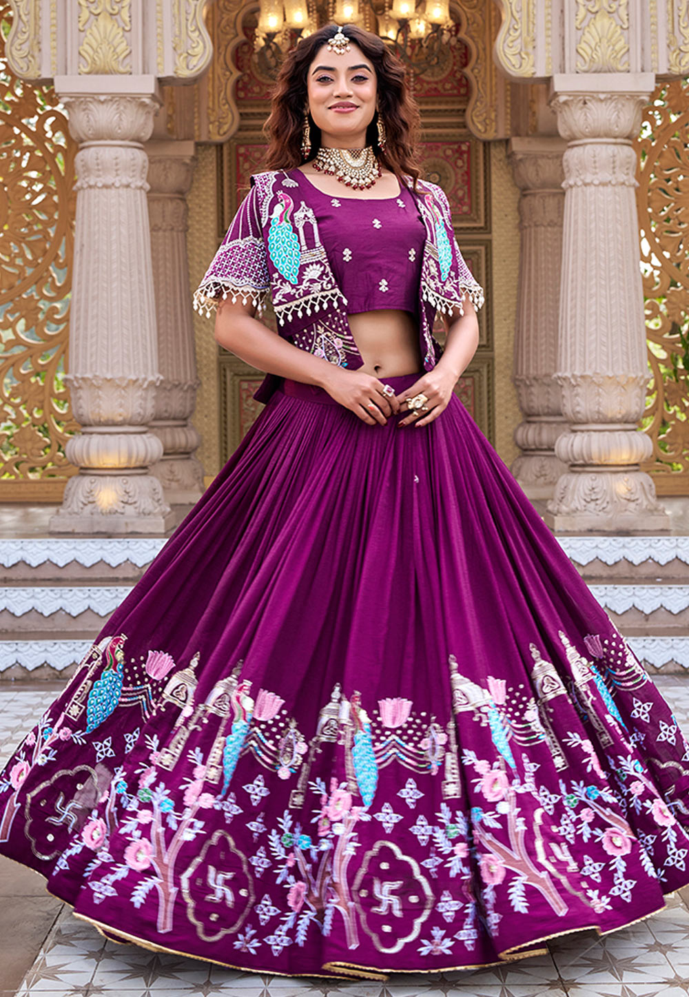 Wine Silk Readymade Jacket Style Lehenga Choli 328606