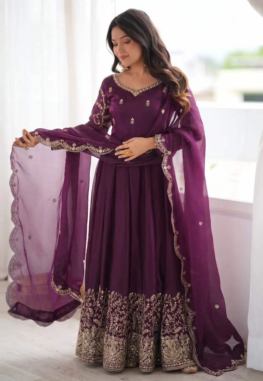 Wine Silk Readymade Long Anarkali Suit 334544
