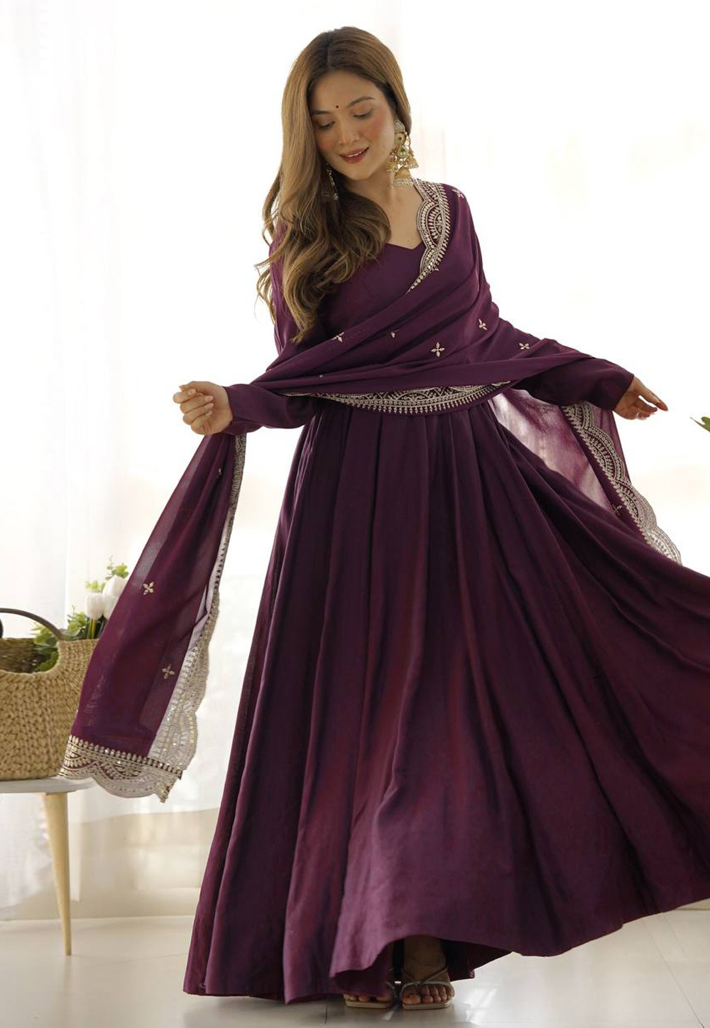 Wine Silk Readymade Long Anarkali Suit 323771