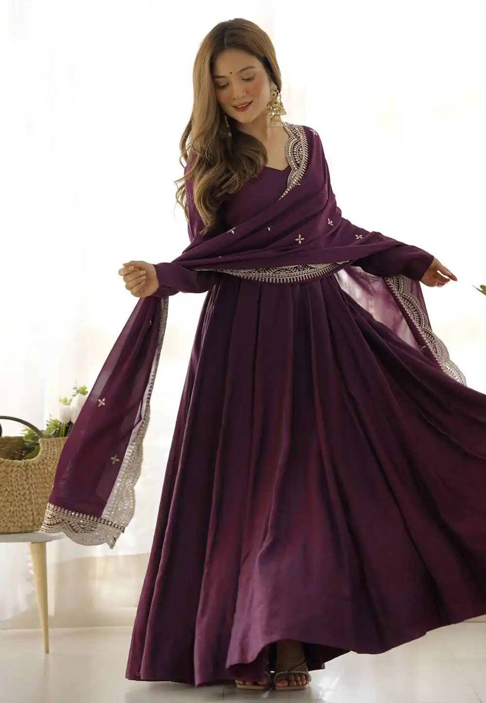 Wine Silk Readymade Long Anarkali Suit 323771