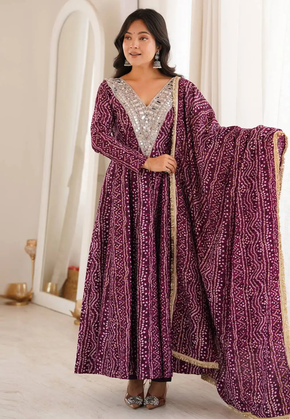 Wine Silk Readymade Long Anarkali Suit 330187