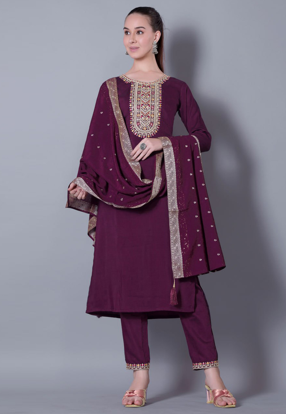 Wine Silk Readymade Pakistani Suit 309933