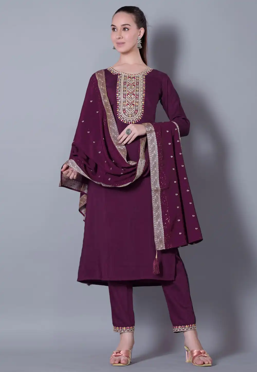 Wine Silk Readymade Pakistani Suit 309933