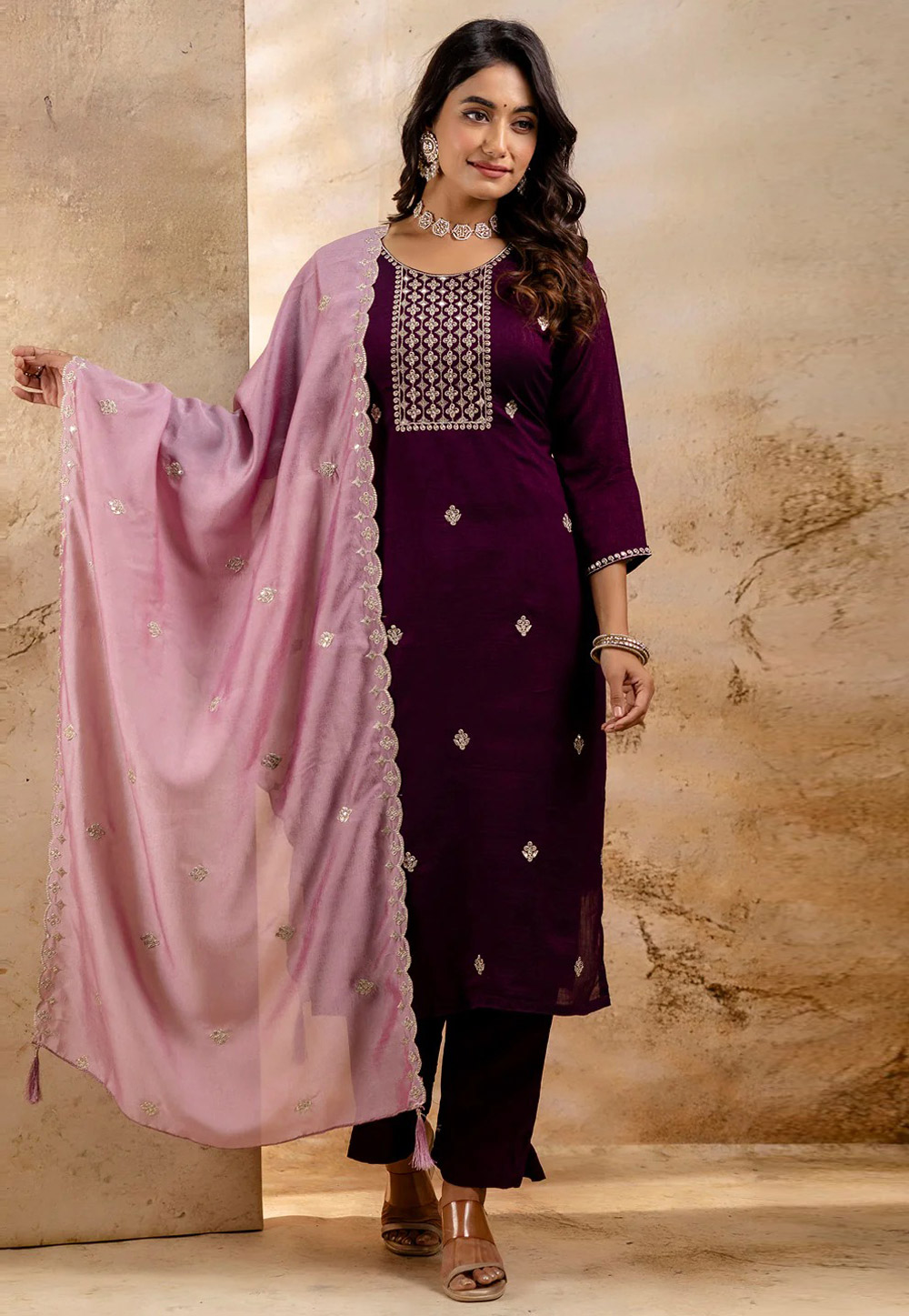 Wine Silk Readymade Pakistani Suit 308085