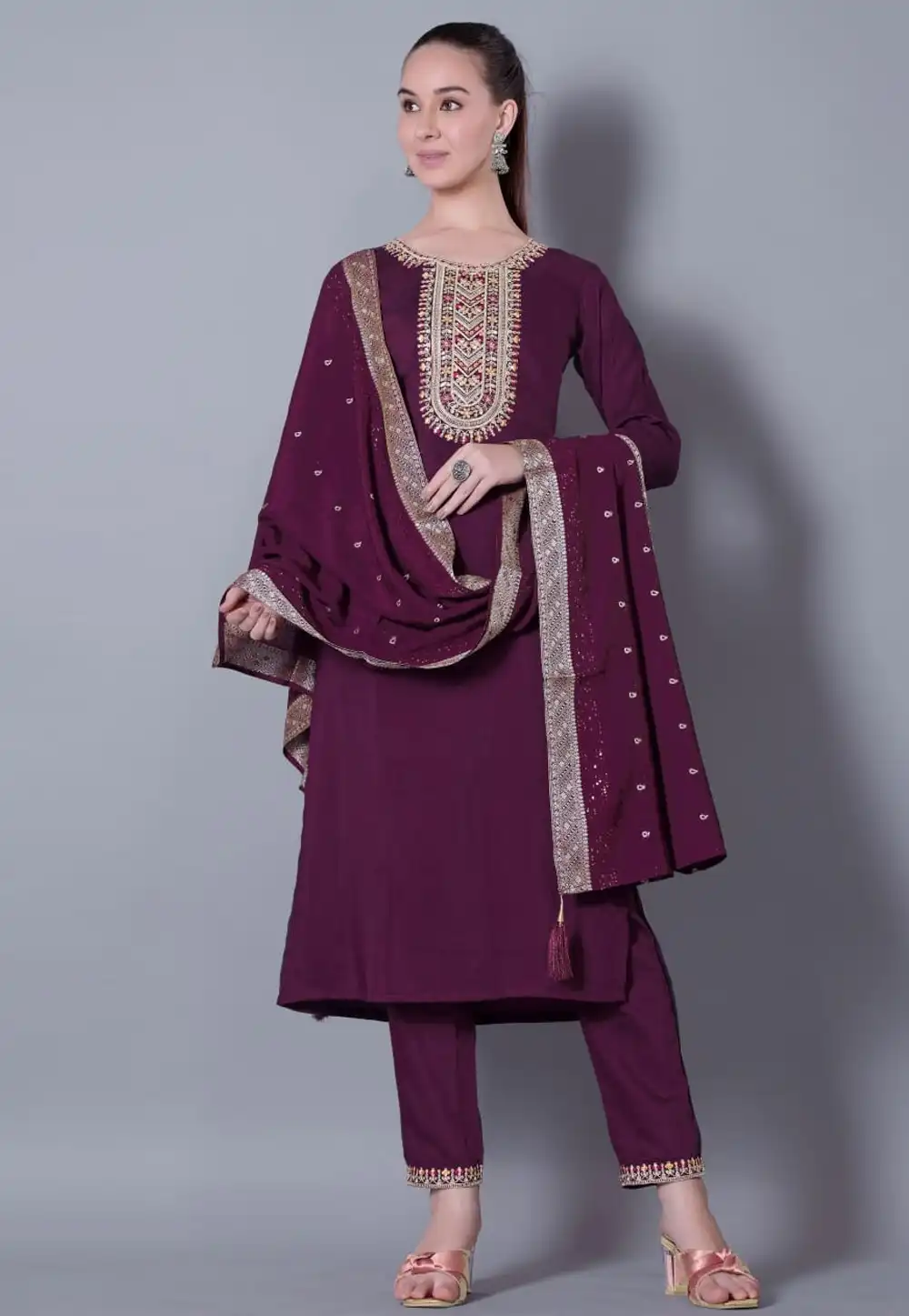 Wine Silk Readymade Pakistani Suit 316268